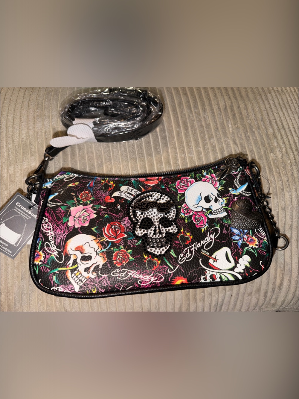 Ed Hardy Black Floral Skull Crossbody Wristlet with Multicolor Roses